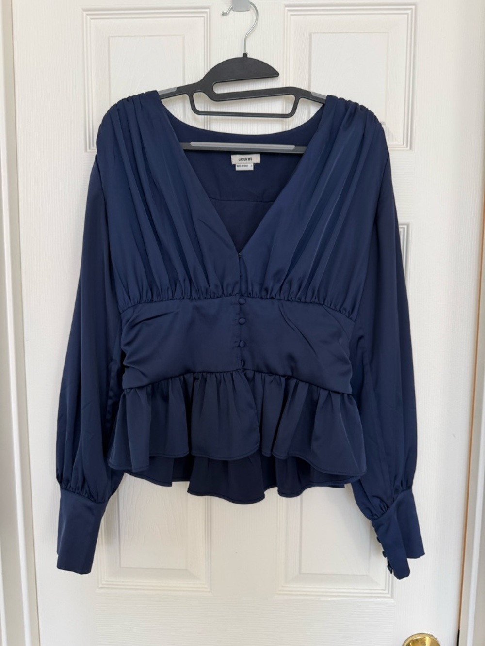 Jason Wu Navy V-Neck Ruffled Peplum Blouse